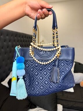 Tory Burch Navy Quilted Tote with Pearl Chain and Tassel